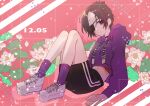  1girl absurdres chrome_dokuro dated eyepatch flower full_body hair_ornament heart heart_hair_ornament highres hood hooded_jacket jacket katekyo_hitman_reborn looking_at_viewer purple_hair shoes short_hair sneakers solo sumibiya_yasain violet_eyes 