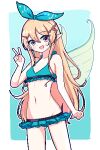  1girl :d bikini blonde_hair brown_eyes chibikki fairy fairy_wings frills groin hair_ribbon highres long_hair midriff navel nijisanji nijisanji_en pixel_art pointy_ears pomu_rainpuff ribbon smile solo swimsuit v virtual_youtuber wings 