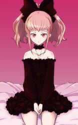  1girl anya_alstreim bed black_dress blanket choker code_geass collarbone dress frills highres jack_(wkm74959) jewelry long_hair looking_at_viewer necklace on_bed own_hands_together pink_eyes pink_hair sitting sitting_on_bed solo 