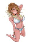  1girl arm_behind_head armpit_crease bikini blonde_hair blue_nails bracelet breasts brown_eyes brown_hair earrings full_body gradient_hair gyaru hamedoragon highres idolmaster idolmaster_shiny_colors izumi_mei jewelry kneeling large_breasts long_hair looking_at_viewer multicolored_hair multiple_earrings nail_polish necklace ponytail pose simple_background smile solo sparkle swimsuit tan toned white_background 