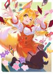  1girl :d animal_ear_fluff animal_ears arm_up bangs bell black_legwear blonde_hair bow bowtie bug butterfly collared_dress dress eyebrows_visible_through_hair fan_hair_ornament fang flower fox_ears fox_girl fox_tail full_body garter_straps hair_bell hair_between_eyes hair_ornament hanafuda hand_up hisana holding_dice kneeling long_hair low-tied_long_hair multicolored_clothes multicolored_dress no_shoes one_eye_closed orange_dress original pleated_dress red_bow red_bowtie short_dress short_sleeves smile solo tail tail_raised thigh-highs white_dress yellow_eyes zettai_ryouiki 