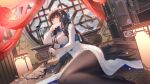  1girl absurdres bangs black_hair black_legwear blue_ribbon blush branch breasts brown_eyes china_dress chinese_clothes closed_fan curtains dress dutch_angle elbow_rest feet_out_of_frame flower folding_fan from_side girls&#039;_frontline_neural_cloud girls_frontline hair_flower hair_ornament hair_ribbon half_updo hand_fan hanging_lantern head_rest highres holding holding_fan id_card indoors lantern large_breasts lattice layered_dress leaning_to_the_side long_hair long_sleeves looking_at_viewer mattress no_shoes official_alternate_costume paintbrush paintbrush_rack pantyhose paper_lantern reclining ribbon round_window see-through see-through_sleeves shelf side_slit smile solo table tassel type_95_(girls&#039;_frontline) type_95_(narcissus)_(girls&#039;_frontline) very_long_hair wallpaper_(object) white_dress window winter wooden_table yellow_eyes ying_yi 