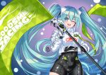  1girl aqua_eyes aqua_hair black_bodysuit bodysuit covered_navel flag flagpole goodsmile_racing hatsune_miku headset highres holding holding_flag holding_pole long_hair maroonabyss one_eye_closed pole racing_miku racing_miku_(2022) smile smiley_face solo twintails very_long_hair vocaloid 