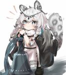  1girl :3 animal_ear_fluff animal_ears arknights bangs black_cape black_footwear blush braid cape chibi commentary_request dress grey_eyes grey_hair holding holding_weapon lbwtnnvekvk5fft long_hair looking_away multicolored_hair notice_lines pramanix_(arknights) smile solo split_mouth standing streaked_hair tail_raised twin_braids watch watch weapon white_background white_dress white_hair 
