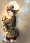  1girl absurdres avatar_(ff11) black_shorts brown_hair brown_headwear brown_legwear corsair_(final_fantasy) cowboy_shot final_fantasy final_fantasy_xi hand_on_hip hat hat_feather highres hume light_blue_eyes long_sleeves looking_at_viewer piyoco short_hair shorts smile solo thigh-highs white_feathers zettai_ryouiki 