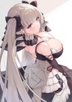  1girl absurdres asla_yu azur_lane bangs bare_shoulders black_ribbon blush breasts choker closed_mouth commentary_request detached_sleeves eyebrows_visible_through_hair formidable_(azur_lane) from_behind hair_ornament hair_ribbon highres large_breasts long_hair long_sleeves looking_at_viewer looking_back ribbon silver_hair simple_background solo twintails two-tone_dress violet_eyes 