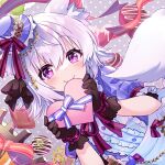  1girl alba_mofu animal_ear_fluff animal_ears bangs black_gloves blue_dress blush bow chocolate dress eyebrows_visible_through_hair food fox_ears fox_girl fox_tail frilled_dress frills gloves hair_between_eyes hair_ornament hands_up heart hisana holding holding_chocolate holding_food looking_at_viewer medium_hair official_art ribbon seventh_happiness short_sleeves smile solo tail tail_raised upper_body valentine violet_eyes virtual_youtuber white_hair 