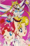  1990s_(style) 4girls :d ;d bishoujo_senshi_sailor_moon blonde_hair blue_eyes blue_sailor_collar blue_skirt boots bow chibi_chibi choker crescent crescent_facial_mark double_bun drill_hair dual_persona elbow_gloves eternal_sailor_moon facial_mark forehead_mark full_body gloves hair_ornament heart heart_brooch heart_choker heart_hair_bun highres knee_boots layered_skirt long_hair looking_at_viewer multiple_girls official_art one_eye_closed puffy_sleeves purple_background red_bow red_choker redhead retro_artstyle sailor_chibi_chibi sailor_collar sailor_moon sailor_senshi sailor_senshi_uniform shitajiki short_hair skirt smile standing tamegai_katsumi tsukino_usagi twin_drills twintails white_footwear white_gloves white_wings wing_brooch wings 