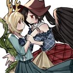  2girls antlers bangs bare_shoulders black_hair blonde_hair blue_bow blue_dress blue_shirt blue_skirt bow breasts brown_headwear closed_mouth commentary_request cowboy_hat dragon_tail dress hair_between_eyes hand_up hat kicchou_yachie kurokoma_saki long_hair long_sleeves looking_at_another medium_breasts multicolored_clothes multicolored_dress multiple_girls off-shoulder_dress off_shoulder plaid plaid_dress ponytail puffy_short_sleeves puffy_sleeves red_dress red_eyes scarf shirt short_hair short_sleeves simple_background skirt smile standing tail touhou turtle_shell white_background white_scarf wings yellow_dress yuejinlin yuri 