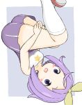  1girl :d absurdres bangs bare_arms bare_shoulders blush_stickers breasts collarbone commentary_request dress eyebrows_visible_through_hair feet_out_of_frame forehead grey_background hair_ribbon highres hiiragi_tsukasa hugging_own_legs kneehighs lucky_star parted_bangs pleated_dress purple_dress purple_hair ribbon rururu_(pyrk8855) sleeveless sleeveless_dress small_breasts smile solo star_(symbol) two-tone_background upside-down violet_eyes white_background white_legwear yellow_ribbon 