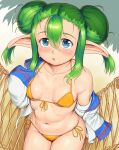  1girl bangs bare_shoulders bikini blue_eyes blush breasts collarbone commentary_request double_bun eyebrows_visible_through_hair feet_out_of_frame from_above gradient gradient_background green_hair hair_between_eyes hammock highres lidelle_(puyopuyo) looking_at_viewer medium_hair navel off_shoulder orizen parted_lips pointy_ears puyopuyo shadow side-tie_bikini sidelocks small_breasts solo string_bikini swimsuit tareme yellow_bikini 