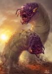  animal clouds colored_skin creature creature_and_personification dariojart destruction giant giantess highres horror_(theme) monster monsterification no_humans open_mouth original oversized_animal purple_skin spikes sunset teeth worms yellow_eyes 