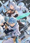  1boy artist_request aunt_and_nephew blue_hair chinese_clothes chongyun_(genshin_impact) commentary english_commentary eyebrows_visible_through_hair genshin_impact highres holding holding_sword holding_weapon shenhe_(genshin_impact) short_hair snowflakes standing sword weapon 