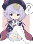  1girl :o ? absurdres bandaged_leg bandages blue_shorts blush_stickers brown_background commentary_request eyebrows_visible_through_hair genshin_impact hair_ornament hat highres jacket long_sleeves looking_at_viewer no_shoes ofuda parted_lips purple_hair purple_headwear purple_jacket qing_guanmao qiqi_(genshin_impact) rururu_(pyrk8855) short_eyebrows short_shorts shorts solo spoken_question_mark thick_eyebrows thigh-highs two-tone_background violet_eyes white_background white_legwear wide_sleeves 