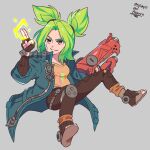  1girl bandaid bandaid_on_face bangs bare_shoulders blonde_hair electricity fingerless_gloves gloves green_hair highres jacket league_of_legends open_clothes open_jacket smile solo twintails yellow_eyes zeri_(league_of_legends) 