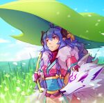  ahoge artist_name blue_hair braid closed_mouth clouds cowboy_shot curled_horns english_commentary eyebrows_visible_through_hair foliage gloves hair_between_eyes hair_ornament headpat horns kindred_(league_of_legends) lamb_(league_of_legends) leaf league_of_legends long_hair looking_afar pointy_ears red_eyes red_gloves shaded_face sidelocks sky smile spirit_blossom_kindred standing vmat wolf_(league_of_legends) 