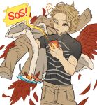  ! 1boy blonde_hair boku_no_hero_academia breakfast cellphone costume dressing earrings egg_(food) eyeliner facial_hair facial_mark feathered_wings floating floating_object food food_on_face fork fur-trimmed_jacket fur_trim goatee hawks_(boku_no_hero_academia) holding holding_phone holding_plate jacket jewelry kadeart looking_at_phone makeup male_focus mouth_hold phone plate raised_eyebrow red_feathers red_wings sausage shirt short_hair short_sleeves simple_background skin_tight smartphone solo speech_bubble spoken_exclamation_mark stubble stud_earrings telekinesis tight tight_shirt toned toned_male white_background wings yellow_eyes 