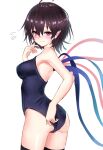  1girl ahoge armpits ass asymmetrical_wings bad_id bad_twitter_id bangs bare_shoulders black_hair black_legwear black_swimsuit blue_wings blush breasts closed_mouth frown furrowed_brow highres houjuu_nue looking_at_viewer looking_back magenta_eyes medium_breasts one-piece_swimsuit pointy_ears red_wings short_hair simple_background solo swimsuit teraguchi thigh-highs touhou white_background wings 