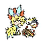  1girl armlet banana_slice bangs bare_shoulders blonde_hair blueberry blush_stickers breasts cherry chibi clover_theater dlrs93 feathered_wings food fruit harpy headdress lena_(clover_theater) monster_girl parted_lips revealing_clothes sideboob simple_background solo strawberry throwing white_background winged_arms wings yellow_wings 