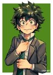  1boy adjusting_clothes adjusting_necktie bangs blush boku_no_hero_academia border formal freckles green_background green_eyes green_hair green_necktie kadeart looking_at_viewer male_focus midoriya_izuku necktie nervous popped_collar raised_eyebrows scared shirt short_hair simple_background solo striped_necktie suit_jacket sweatdrop twitter_username two-tone_background upper_body wavy_mouth white_border white_shirt wide-eyed 