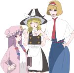  3girls alice_margatroid apron blonde_hair blue_dress blue_eyes bow braid closed_eyes closed_mouth collar commentary_request crescent crescent_hat_ornament dress frogsnake hair_bow hand_on_hip hat hat_bow hat_ornament height_difference kirisame_marisa long_hair mob_cap multiple_girls nail_polish necktie open_mouth patchouli_knowledge purple_hair short_hair sweat tall_female touhou violet_eyes waist_apron white_background witch_hat 
