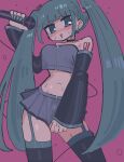  1girl @_@ absurdres bare_shoulders black_legwear blue_eyes blue_hair blue_nails breasts choker clothes_pull collarbone crop_top detached_sleeves eyebrows_visible_through_hair garter_straps grey_skirt hatsune_miku highres holding holding_microphone large_breasts long_hair long_sleeves looking_at_viewer microphone navel parted_lips resupuburika skirt skirt_pull solo thigh-highs triangle_mouth twintails vocaloid 