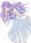 1girl bare_shoulders breasts bubble fire_emblem fire_emblem:_rekka_no_ken fire_emblem:_the_blazing_blade florina florina_(fire_emblem) green_eyes holding_dress lavender_hair leaning_forward long_hair looking_at_viewer medium_breasts purple_hair shy smile standing sundress white_dress 