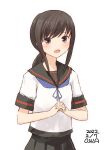  1girl artist_name black_hair black_sailor_collar black_skirt brown_eyes commentary_request dated fubuki_(kancolle) fubuki_kai_ni_(kancolle) highres kantai_collection long_hair looking_at_viewer low_ponytail one-hour_drawing_challenge owa_(ishtail) own_hands_clasped own_hands_together pleated_skirt ponytail sailor_collar school_uniform serafuku short_ponytail sidelocks simple_background skirt solo upper_body white_background 