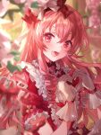  1girl bangs bow fang frills gloves hair_bow heart heart_hands highres long_hair momoi_airi open_mouth pink_eyes pink_hair por_(_por_tt) project_sekai smile solo two_side_up white_gloves 