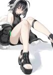  1girl arknights bangs bare_shoulders black_footwear black_hair black_shorts fur-trimmed_sleeves fur_trim grey_eyes haocong33 highres jacket la_pluma_(arknights) open_clothes open_jacket shorts solo tagme thighs 