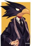  1boy animal_head bird_boy black_feathers black_necktie black_suit boku_no_hero_academia border choker collared_cape formal kadeart male_focus necktie red_eyes red_neckwear serious shirt simple_background solo tokoyami_fumikage twitter_username two-tone_background upper_body white_border white_shirt wing_collar yellow_background 