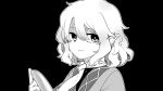  1girl absurdres bangs blood commentary cutting green_eyes hair_between_eyes halllllllas highres holding holding_knife jacket knife looking_at_viewer mizuhashi_parsee monochrome open_mouth pointy_ears scarf shaded_face shirt short_hair simple_background smile solo touhou upper_body 