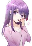  1girl cardigan cherry_blossom_print collarbone eyebrows_visible_through_hair fate/stay_night fate_(series) floral_print hair_ribbon highres light_smile looking_at_viewer matou_sakura pink_cardigan purple_hair ribbon simple_background solo straight_hair tanka_kikurage upper_body violet_eyes 