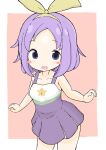  1girl :d absurdres bare_arms bare_shoulders blush_stickers breasts brown_background collarbone commentary_request dress forehead hair_ribbon highres hiiragi_tsukasa looking_at_viewer lucky_star pleated_dress purple_dress purple_hair ribbon rururu_(pyrk8855) sleeveless sleeveless_dress small_breasts smile solo standing two-tone_background violet_eyes white_background yellow_ribbon 