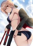  1girl absurdres artoria_pendragon_(alter_swimsuit_rider)_(fate) artoria_pendragon_(fate) ass back bikini black_bikini black_jacket black_ribbon blonde_hair breasts closed_mouth clouds cloudy_sky dutch_angle eyebrows_visible_through_hair fate/grand_order fate_(series) frills from_behind from_below frown gun hair_between_eyes hair_bun hair_ribbon highres holding holding_gun holding_weapon hood hooded_jacket jacket looking_back maid_headdress medium_breasts off_shoulder official_alternate_costume ribbon sideboob sidelocks sky solo string_bikini swimsuit trigger_discipline v-shaped_eyebrows weapon yamikyon yellow_eyes 