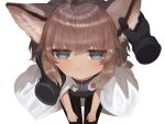  1girl ahoge animal_ear_fluff animal_ears arknights black_jacket black_pants blue_eyes blush brown_gloves brown_hair closed_mouth coat commentary cross disembodied_limb dokomon eyebrows_visible_through_hair face fox_ears fox_girl from_above gloves hand_on_another&#039;s_face hand_on_another&#039;s_head highres jacket looking_at_viewer looking_up pants pov pov_hands red_cross sidelocks sussurro_(arknights) symbol-only_commentary white_coat zipper 