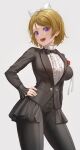  1girl :d absurdres black_bow black_pants bow brown_hair center_frills commentary cowboy_shot eyebrows_visible_through_hair flower frills grey_background hair_bow hand_on_hip highres koizumi_hanayo looking_at_viewer love_live! open_mouth pants pocket red_flower rose shirt short_hair simple_background smile solo standing suit_jacket teeth upper_teeth violet_eyes white_bow white_shirt yj 