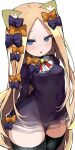  1girl abigail_williams_(fate) animal_ears bangs black_bow black_dress black_legwear blonde_hair blue_eyes blush bow breasts cat_ears dress fate/grand_order fate_(series) forehead hair_bow highres long_hair long_sleeves looking_at_viewer multiple_bows open_mouth orange_bow parted_bangs polka_dot polka_dot_bow shimejinameko small_breasts solo thigh-highs 
