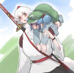  2girls :3 backpack bag blue_eyes blue_hair blush boots carrying_over_shoulder commentary_request eyebrows_visible_through_hair frogsnake green_headwear hat inubashiri_momiji kawashiro_nitori long_sleeves multiple_girls nail_polish red_eyes red_headwear short_hair socks sword tall_female tokin_hat touhou watch watch weapon white_hair 