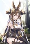  1girl :o animal_ears arm_support ass_visible_through_thighs bangs bare_shoulders blue_hair breasts brown_hair closed_eyes colored_tips detached_sleeves dress extra_ears eyebrows_visible_through_hair flower frilled_sleeves frills galleon_(granblue_fantasy) gloves granblue_fantasy grass hair_between_eyes highres horns large_breasts long_hair maid_headdress multicolored_hair on_grass outdoors pointy_ears shiromimin sideboob sidelocks sitting skindentation solo streaked_hair thigh_strap tree two-tone_hair very_long_hair white_flower white_gloves 