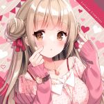  1girl :o blush bow breasts brown_eyes brown_hair collarbone commentary_request diagonal_stripes double_bun dress hair_bow hands_up heart heart_background highres irori jacket jewelry long_hair long_sleeves looking_at_viewer medium_breasts open_clothes open_jacket original parted_lips pendant pennant pink_jacket red_bow sleeves_past_wrists solo string_of_flags striped striped_background upper_body white_dress 
