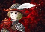  1girl armor ascot avatar_(ff11) blonde_hair closed_mouth final_fantasy final_fantasy_xi hat hat_feather highres hume light_blue_eyes lips pink_lips piyoco red_ascot red_mage short_hair shoulder_armor solo upper_body white_feathers 