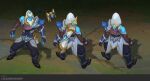  1boy beard black_footwear black_pants blonde_hair blue_skin book brown_gloves character_sheet colored_skin english_commentary facial_hair fingerless_gloves floating floating_object full_body gloves highres hood hood_up league_of_legends pants ryze scroll single_bare_shoulder standing vladbacescu white_eyes 