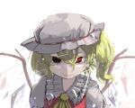  1girl ascot blonde_hair closed_mouth crystal expressionless eyebrows_behind_hair face flandre_scarlet frilled_shirt_collar frills hair_between_eyes hat highres looking_at_viewer mob_cap one_side_up puffy_short_sleeves puffy_sleeves red_eyes red_vest short_hair short_sleeves simple_background slit_pupils solo touhou upper_body vest white_background white_headwear wings yellow_ascot zakozako_y 