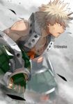  1boy bakugou_katsuki bangs bare_shoulders blonde_hair blurry blurry_background blurry_foreground boku_no_hero_academia collar costume day debris depth_of_field detached_sleeves dirty dirty_face dust_cloud explosive eye_mask from_side gauntlets gloves grenade headgear highres looking_ahead male_focus muscular muscular_male narrowed_eyes neck_brace outdoors parted_lips pectorals red_eyes serious short_hair skin_tight sleeveless solo spiky_hair sweat symmetry tonbanlove twitter_username upper_body v-neck v-shaped_eyebrows x 