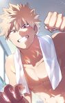  1boy abs absurdres bakugou_katsuki bangs blonde_hair boku_no_hero_academia clenched_hand clenched_teeth collarbone covered_nipples day from_below grin highres imminent_punch indoors lens_flare light_particles looking_at_viewer male_focus muscular muscular_male red_eyes scar_on_hand short_hair smile solo spiky_hair sunlight teeth topless_male towel towel_around_neck twitter_username v-shaped_eyebrows watermark yazakc 