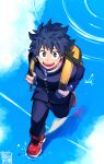  1boy absurdres alternate_eye_color alternate_hair_color artist_name backpack bag bangs blue_eyes blue_hair blue_jacket blue_pants blue_sky blue_theme boku_no_hero_academia brown_hair buttons carrying_bag clouds day freckles from_above full_body gakuran grin happy highres holding_strap jacket looking_at_viewer male_focus midoriya_izuku open_mouth outdoors pants red_footwear reflection ripples running school_uniform shoes short_hair signature sky smile sneakers solo splashing twitter_username water wide-eyed yazakc younger 