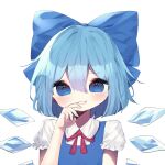  1girl absurdres bangs blue_bow blue_dress blue_eyes blush bow bowtie cirno dress eyebrows_visible_through_hair grin hair_between_eyes hair_bow hand_to_own_mouth hand_up highres ice ice_wings looking_at_viewer mangi5000 puffy_short_sleeves puffy_sleeves red_bow red_bowtie short_hair short_sleeves simple_background smile solo touhou upper_body white_background wing_collar wings 