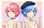  2girls akatsuki_(4941086) blue_eyes blue_hair blush character_request dated dress earrings happy_birthday hat highres jewelry multiple_girls nail_polish necklace pink_hair red_eyes short_hair smile tagme v 