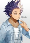  1boy adam&#039;s_apple bags_under_eyes boku_no_hero_academia breast_pocket casual collarbone cropped_jacket denim denim_jacket face forehead frown highres jacket male_focus messy_hair open_clothes open_jacket pocket pointing pointing_at_self purple_hair raised_eyebrows shinsou_hitoshi shirt short_hair sideburns simple_background solo spiky_hair striped striped_shirt tonbanlove twitter_username upper_body v-neck violet_eyes wing_collar 